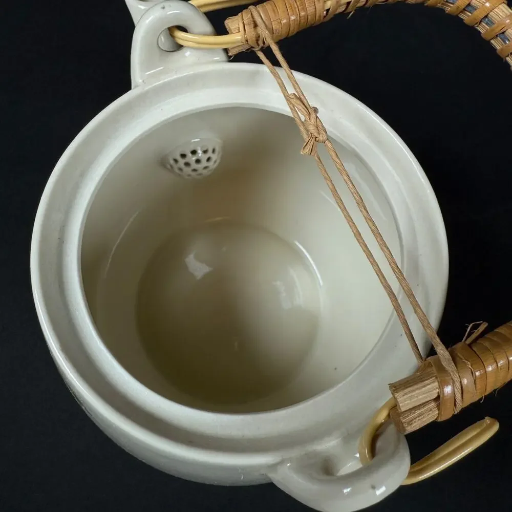 Edsin Bamboo Flowers White Ceramic Teapot with Wicker Handle Made in Japan